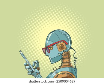 Um robô com óculos olha para o telefone. Bots nas redes sociais. O problema da inteligência artificial na Internet. Desenho animado pop art retro vetor ilustração desenho à mão