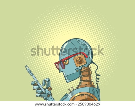 A robot with glasses looks at the phone. Bots on social networks. The problem of artificial intelligence on the Internet. Comic cartoon pop art retro vector illustration hand drawing