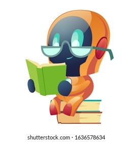 Robot in glasses reading book in library. Machine learning, ai chatbot education and information research, cyborg data mining, artificial intelligence knowledge, cybernetic Cartoon vector illustration