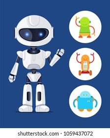 Robot with glowing eyes, set of robots, robotic creature waving and being friendly, circle icons vector illustration, isolated on blue background