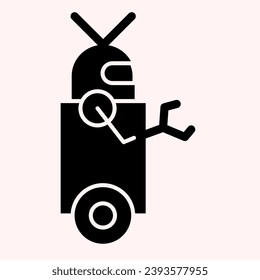 Robot glyph icon. Artificial intelligence bot with wheels and hand, side view. Astronomy vector design concept, solid style pictogram on white background, use for web and app. Eps 10