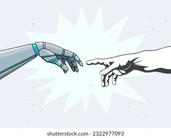 Robot and God hands in a modern collage style. Vector illustration