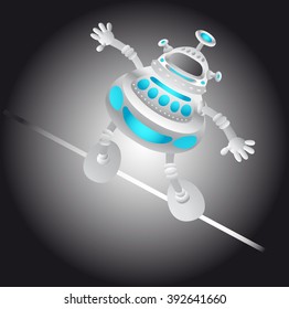 The robot goes on a rope and not fall. It keeps the balance.