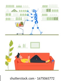 Robot goes shopping in the supermarket. Man lies on the sofa and looking smartphone. Side view. Color vector cartoon flat illustration. Concept for coronavirus epidemic
