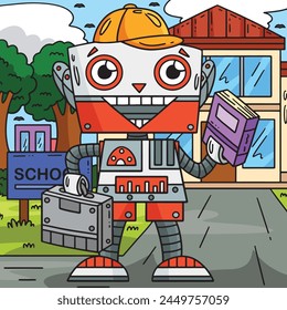 Robot Going to School Colored Cartoon Illustration