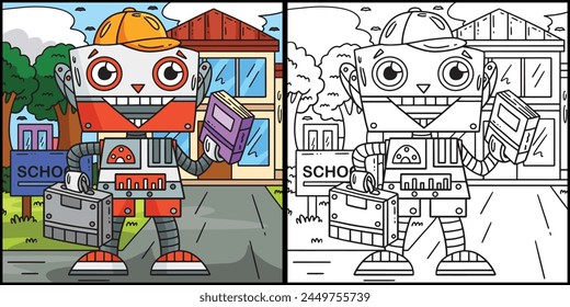 Robot Going to School Coloring Page Illustration
