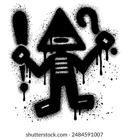 Robot graffiti with black spray paint with both hands holding a question and swearing symbol