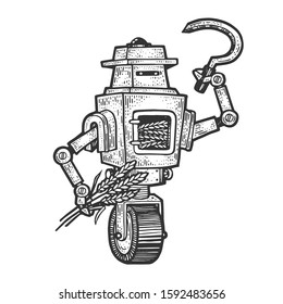 Robot grain grower cuts wheat sketch engraving vector illustration. T-shirt apparel print design. Scratch board style imitation. Black and white hand drawn image.