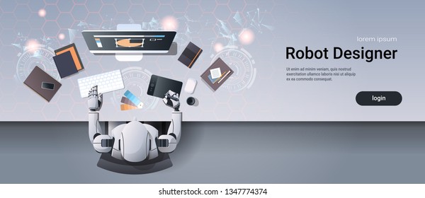 robot graphic designer sitting at creative design studio workplace desk office stuff working process top angle view artificial intelligence technology concept horizontal