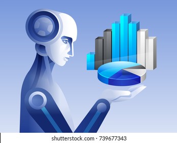 Robot with graphs Concept of receiving a profit from the use of robotic technologies. Vector illustration