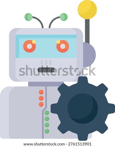 A robot is grasping a gear wheel and a yellow button, highlighting its role in machinery and technology.