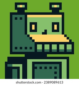 Imagen de perfil de avatar del personaje de caricatura de imagen de píxel verde robot, ciborg futurista. Estilo plano. Activos de juego. 8 bits. Ilustración vectorial. Diseño para logotipo, pegatina, aplicación.