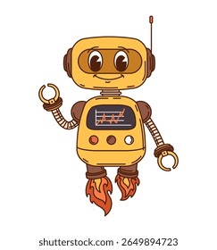 Robot, groovy retro cartoon droid or robotic cyborg with funny face, vector character. Flying retro robot or groovy space droid with rocket legs, funny robotic transformer droid with antenna