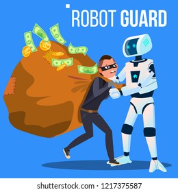 Robot Guard Caught The Thief In Mask With His Hand Vector. Isolated Illustration
