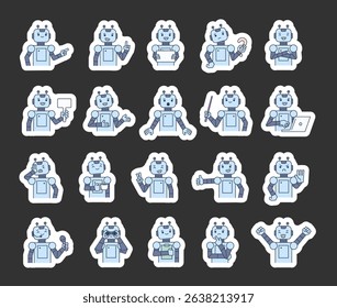 Robot guide character set with android features demonstrate communication, direction, teaching, thinking, celebration, and various emotional reactions for yours illustration