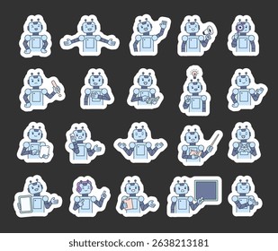 Robot guide character set with hands, books, signs, boards, devices, emotions, communication, presentation, teaching, reading, message, symbols, approval, music, and expressive android poses