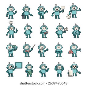 Robot guide character set showing different communication signs with pointing hand, teaching board, talking gesture, recycle symbol and educational objects for assist users effectively