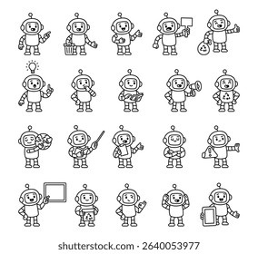 Robot guide character set showing different communication signs with pointing hand, teaching board, talking gesture, recycle symbol and educational objects for assist users effectively