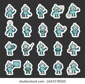 Robot guide character set showing different communication signs with pointing hand, teaching board, talking gesture, recycle symbol and educational objects for assist users effectively
