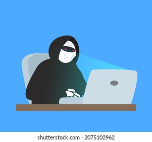 robot hacker in black hoodie using laptop cyber attack internet security vector illustration