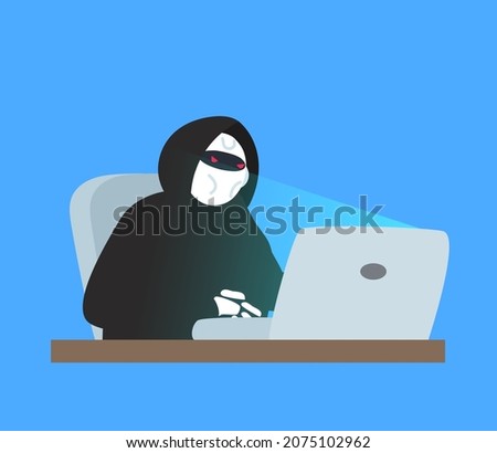 robot hacker in black hoodie using laptop cyber attack internet security vector illustration