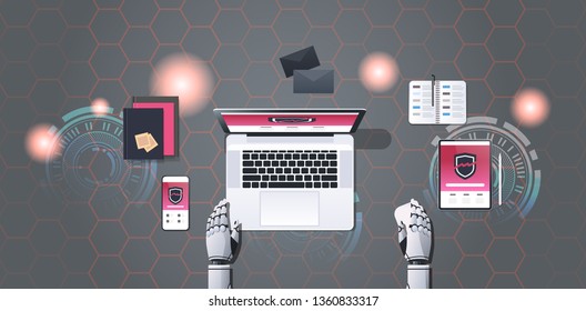 robot hacking digital devices computer hacker bot concept data privacy attack internet information security artificial intelligence top angle desktop warkplace