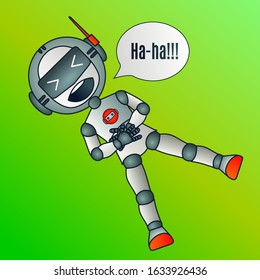 robot ha-ha emoticon with a funny laughing laugh bot with antennas and a helmet that lies on the lawn and holds on to his stomach, vector color illustration