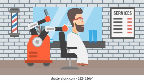 Peluquería robótica cortando el pelo de un joven hipster en la barbería. Peluquería robótica cortando el pelo a un cliente caucásico con tijeras en barbería. Ilustración de diseño plana vectorial. Diseño horizontal.