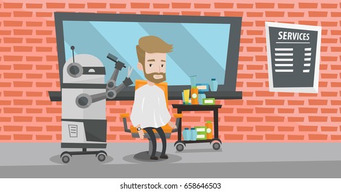 Robot hairdresser cutting hair of young hipster man at barbershop. Robot hairdresser making haircut to caucasian client with scissors in barbershop. Vector flat design illustration. Horizontal layout.