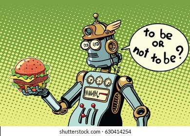 Robot hamburger fast food. to be or not to be a scene from Shakespeare. Pop art retro vector illustration