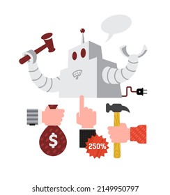 Robot with a hammer. Image of automated auctions. Vector. Hand with a bag of dollars and other items. All elements are isolated on a white background. Flat style.