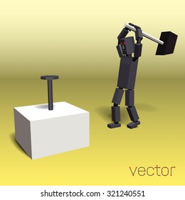 Robot hammer nails. Vector illustration.