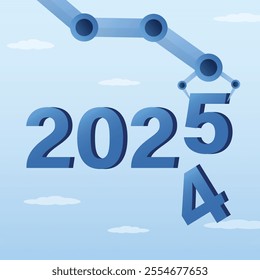 Robot hand adds new number instead of old falling one. 2025 year of new technologies, success opportunity, change to new business bright future, celebrating 2025. Forecast concept. vector illustration