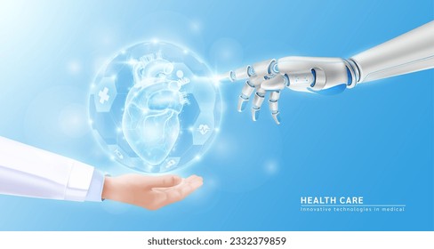 Robot hand ai artificial intelligence assistance touch organ human heart virtual simulation in doctor hand. Innovative technologies in medical health care futuristic. Realistic 3D Vector EPS10.