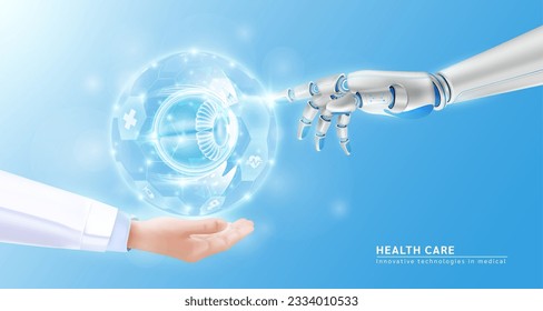 Die künstliche Intelligenz von Robot-Hand-AI-Hilfe berührt die virtuelle Simulation von Organen menschlicher Augen in der Hand des Arztes. Innovative Technologien im Gesundheitswesen futuristisch. Realistische 3D-Vektorgrafik EPS10.