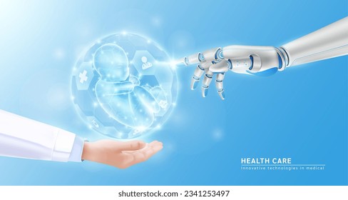 Robot hand AI artificial intelligence assistance touch organ human embryo virtual simulation in doctor hand. Innovative technologies in medical health care futuristic. Realistic 3D Vector EPS10.