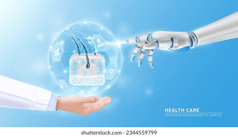 Robot hand AI artificial intelligence assistance touch organ human hair skin virtual simulation in doctor hand. Innovative technologies in medical health care futuristic. Realistic 3D Vector EPS10.