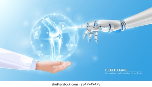 Robot hand AI artificial intelligence assistance touch organ human knee joint bone virtual simulation in doctor hand. Innovative technologies in medical health care futuristic. Realistic 3D Vector.