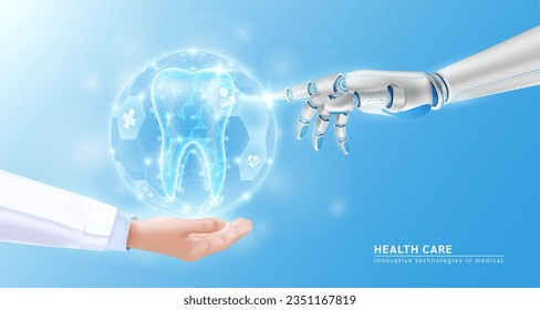 Inteligencia artificial de la mano robot AI ayuda a la inteligencia artificial órgano táctil simulación virtual de dientes humanos en la mano del médico. Tecnologías innovadoras en atención médica futurista. Vector 3D realista EPS10.