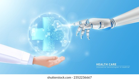 Robot hand AI artificial intelligence assistance touching medical sign symbol blue cross virtual simulation in doctor hand. Innovative technologies in medical health care futuristic. 3D Vector EPS10.