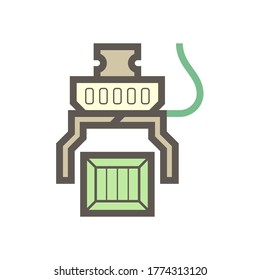 Robot coge mano la caja de madera en la industria de producción diseño de iconos vectoriales en fondo blanco.