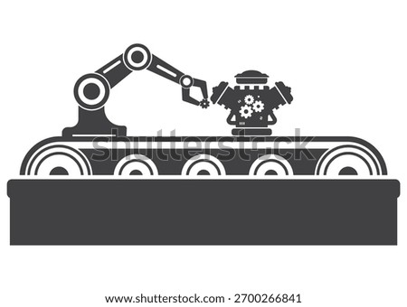 robot hand arm manipulator keep gear wheel machine part and assemble engine on conveyor icon