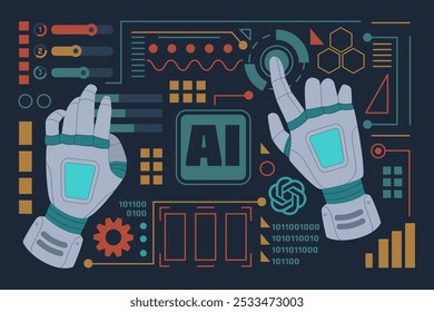 Robot hand background. AI technology. Bot intelligence automation. Futuristic computer innovation banner. Artificial arm gesture on touch screen robotic program. Control dashboard. Vector tidy design