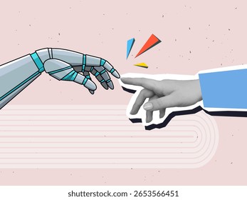 A robot hand and a black and white human hand reach out to each other. Concept of interaction between natural and artificial intelligence. Modern photo collage style. Vector illustration
