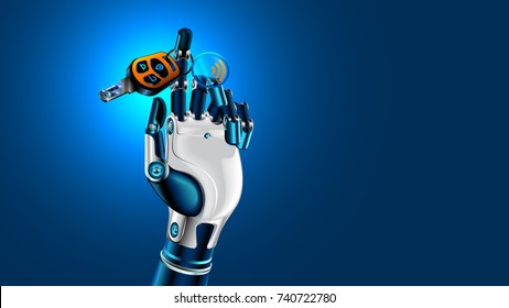 Robot hand with car key. Symbol of autonomous car. Future concept. 