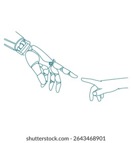 Robot hand and child's hand pointing fingertips