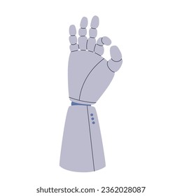 The robot hand clasps its thumb and forefinger. Gesture OK. Artificial intelligence or smart machine indicates that everything is good. Vector flat isolated illustration.