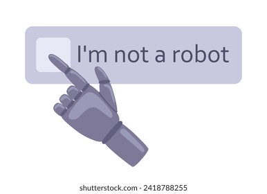 Robot hand clicking on captcha - I am not a robot. Bypass Captcha, Anti Captcha, Solving service, Artificial intelligence concept. Robotic prosthesis, cyborg. Vector illustration in hand drawn style 