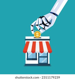 Robot hand collect the money in shop store. Artificial Intelligence. Vector illustration