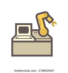 Robot hand and computer screen to show robot working control by computer, vector icon design on white background.